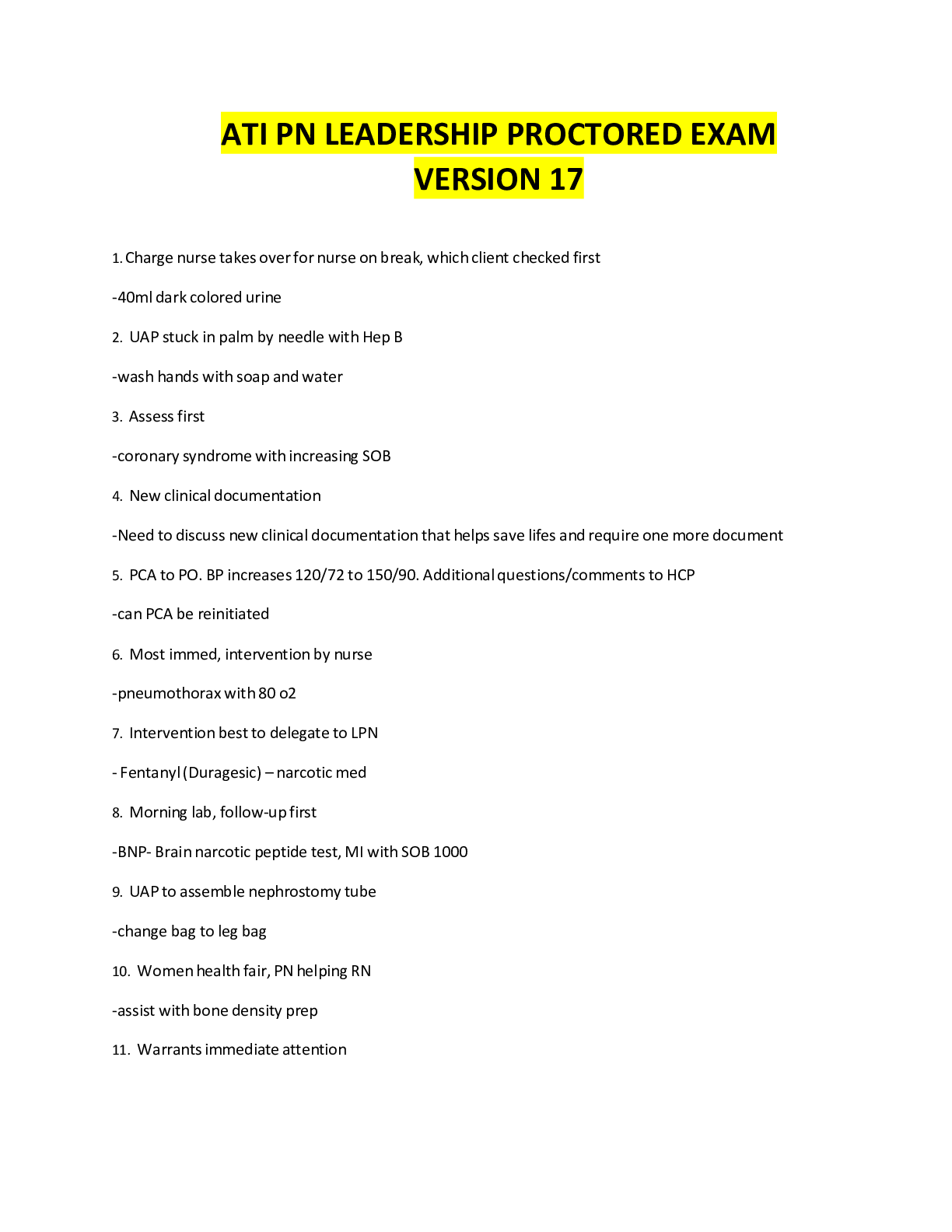 Preview of ATI PN Leadership Proctored Exam Version 17 Complete Questions & Answers with Rationale